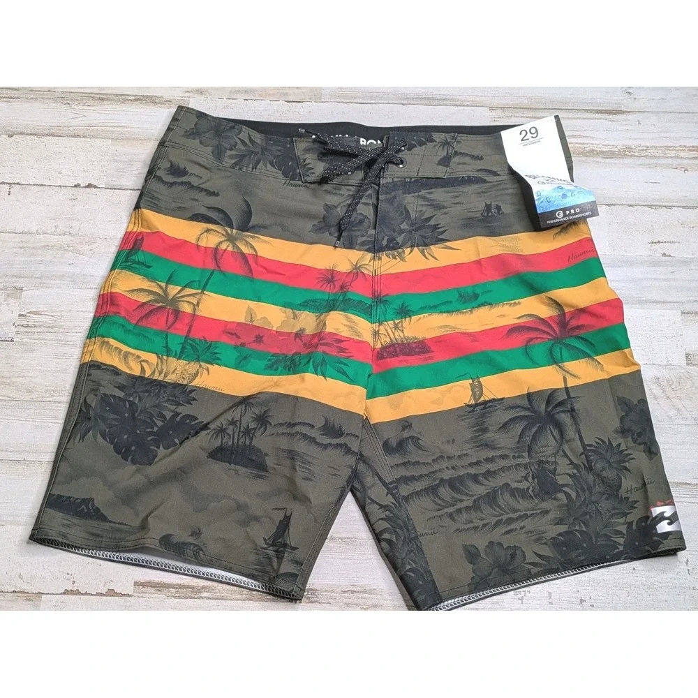 NEW Billabong Swim Trunks Mens 29 Tribong Pro Rasta Camo Hawaiian Reggae Recycle